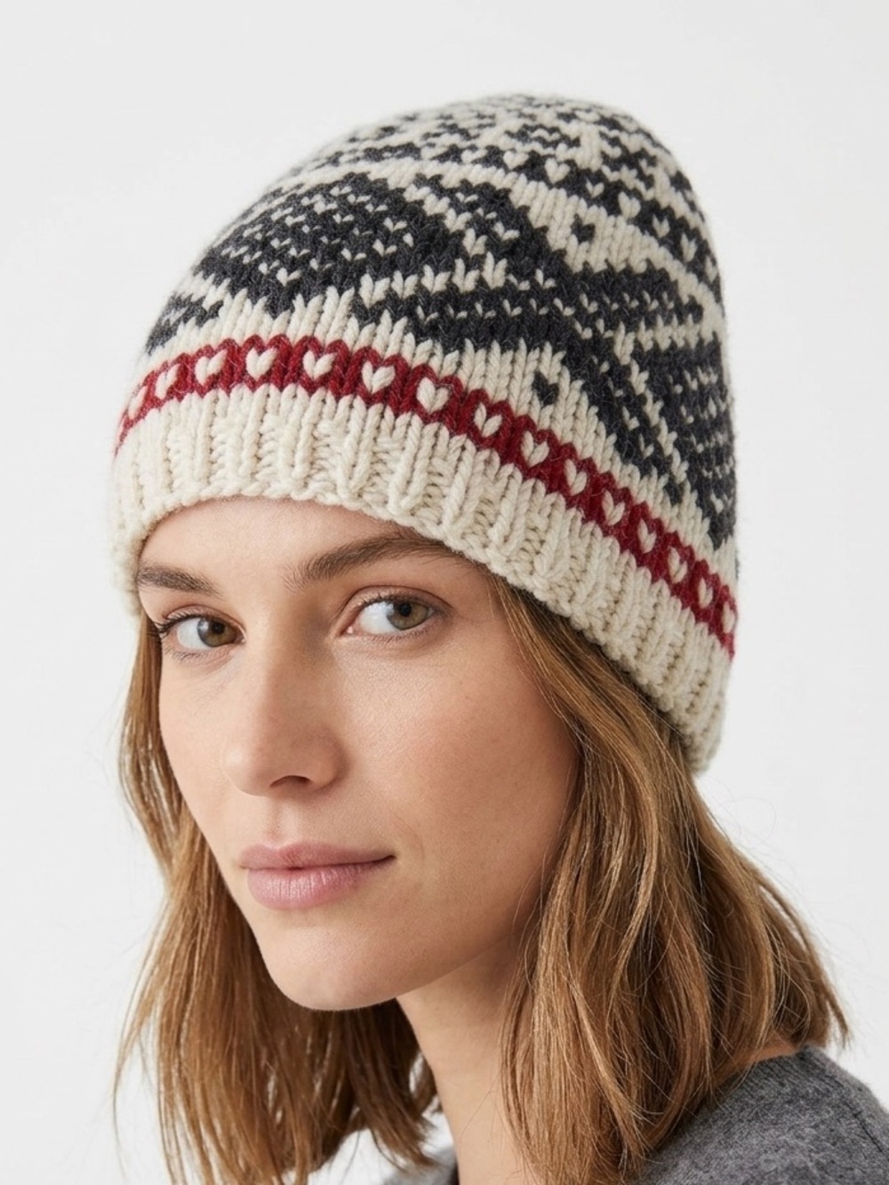 Hollister Fair Isle Wool Blend Knit Beanie Hat Cream Black Red Y2K Winter Core